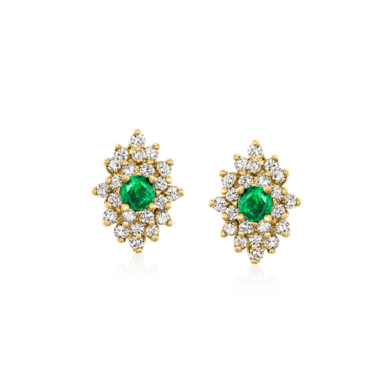 14kt yellow gold cluster earrings with green emerald center and diamond halo, post backs