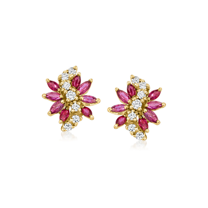 14kt yellow gold ruby and diamond flower cluster stud earrings with pink stones