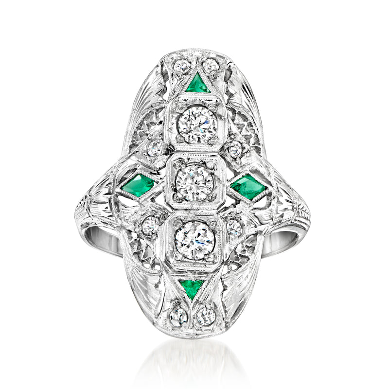 Vintage filigree diamond-and-emerald ring in 18kt white gold, size 7
