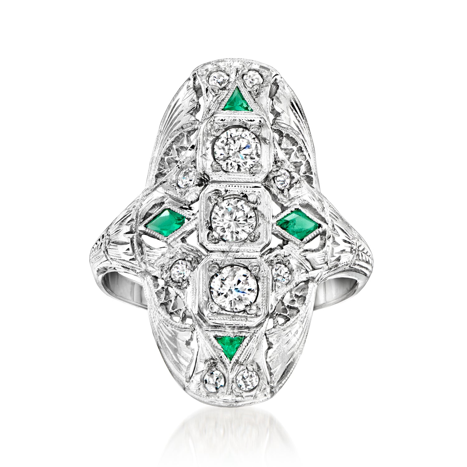 C. 1950 Vintage .48 ct. t.w. Diamond Filigree Ring with .11 ct. t.w. Simulated Emeralds in 18kt White Gold