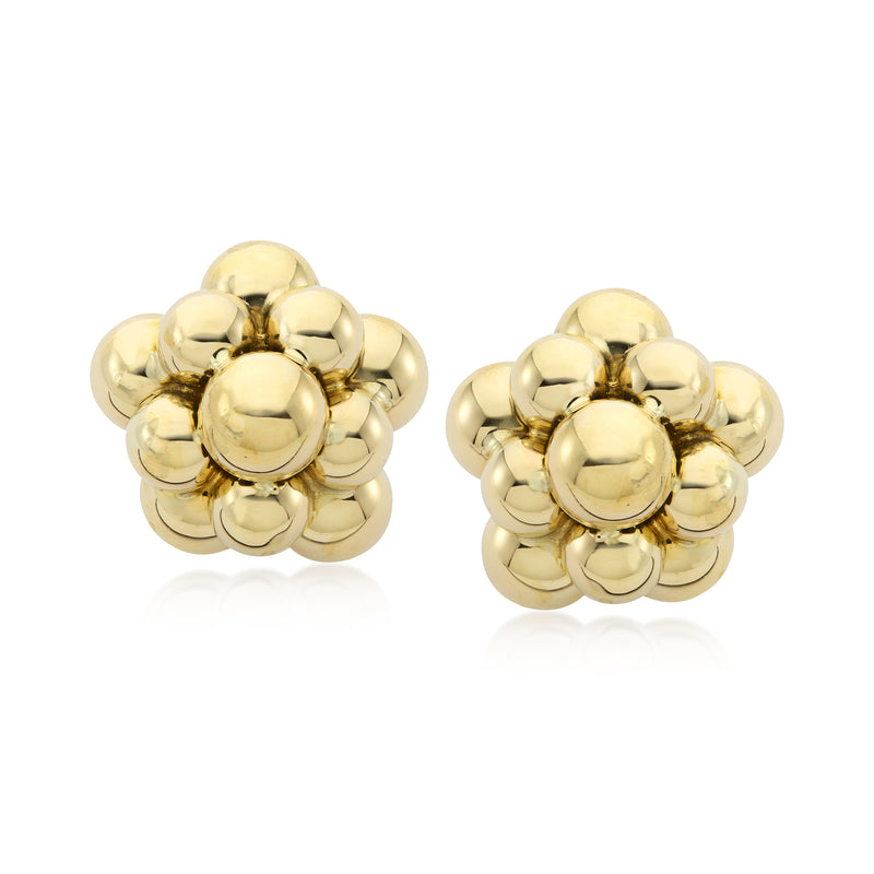 Gold beaded circle cluster stud earrings, round ball flower design