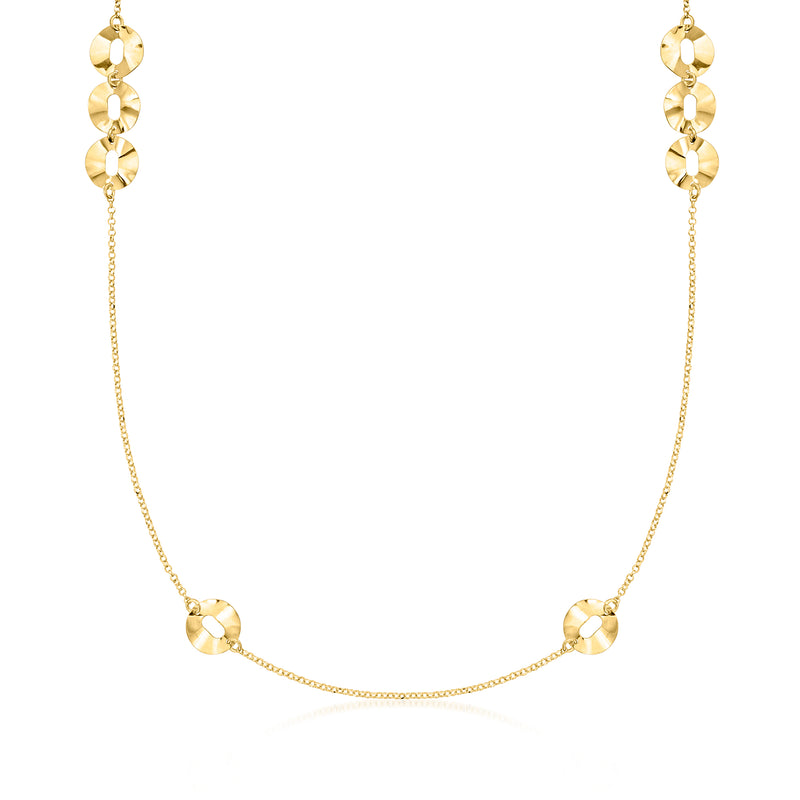 Gold over sterling disc station necklace with round linked stations and fine chain