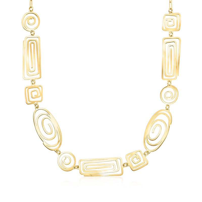 Gold over sterling spiral openwork necklace with rectangular bar and circular links