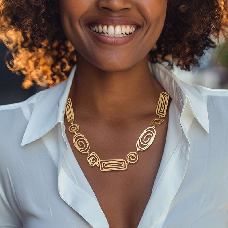 Gold spiral openwork necklace with rectangular center and spiral disc links