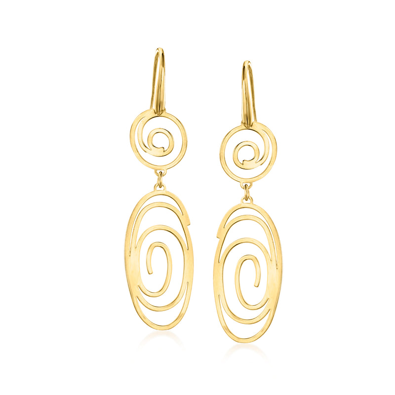 Gold spiral openwork drop earrings with circular top loop and hook earwire
