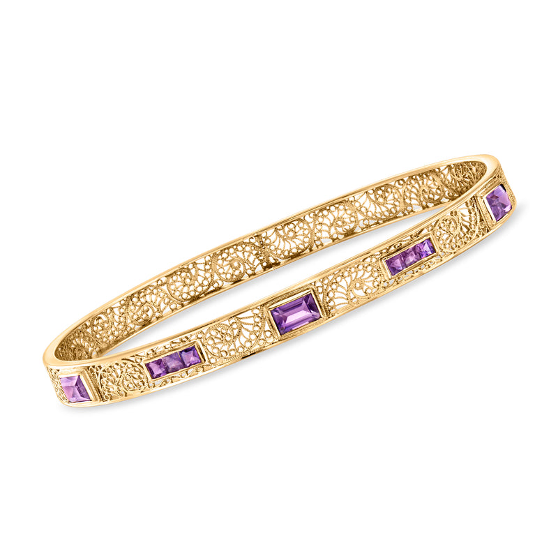 14kt yellow gold filigree bangle bracelet with rectangular amethyst stones