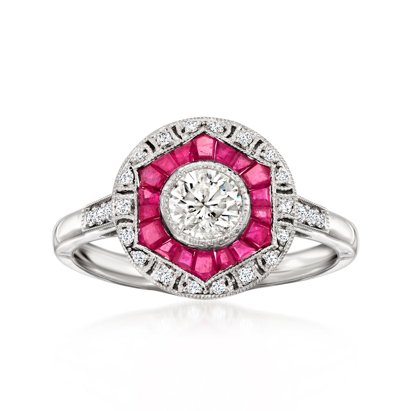 Vintage platinum diamond and ruby ring with round center diamond