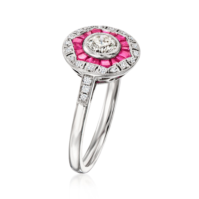Platinum ring with oval diamond center, ruby halo, and diamond-accented band