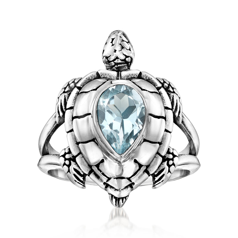 Sterling silver turtle ring with sky blue pear-cut gemstone