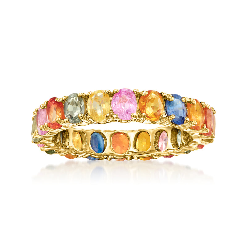 Multicolored sapphire eternity band, gold over sterling, oval gemstones in prongs.