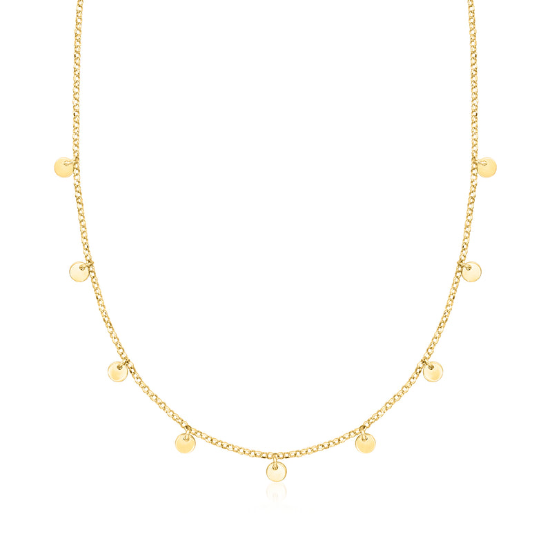 Gold over sterling disc station necklace with small round charm links on thin chain