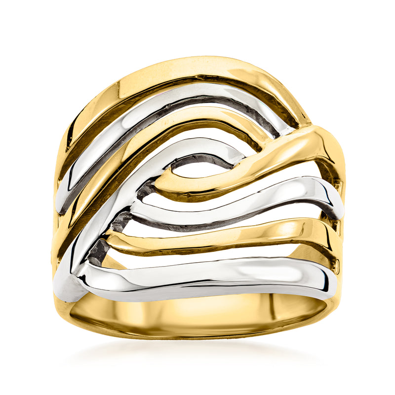 Two-tone gold and silver swirl, multi-row vintage ring with polished band