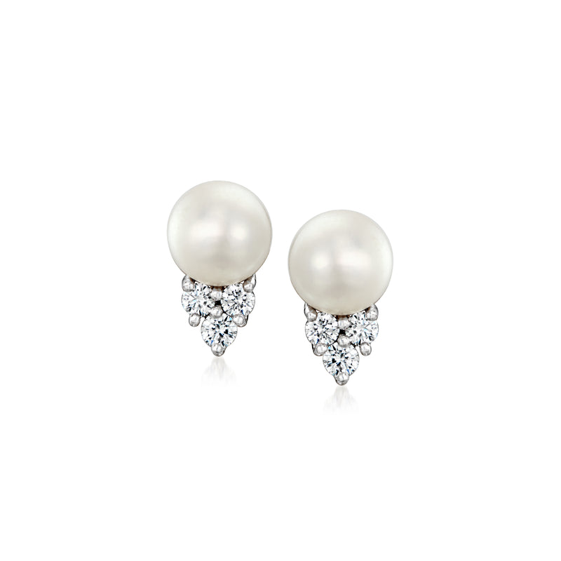Platinum cultured pearl and diamond cluster post earrings, 7mm
