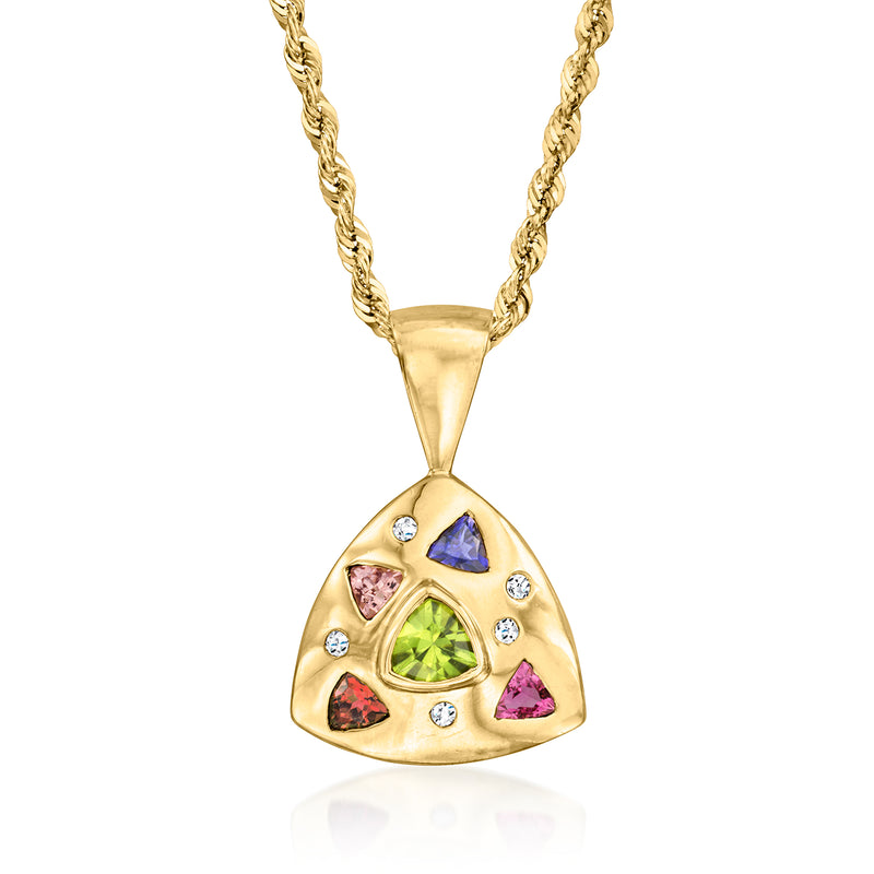 14kt yellow gold triangular pendant necklace with multicolor gems, small diamonds, and chain