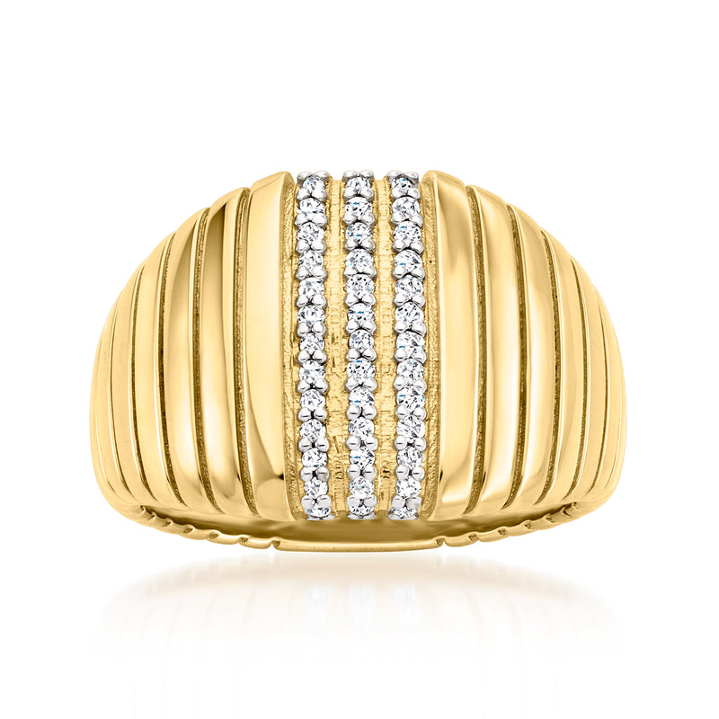 18kt gold over sterling ribbed ring with three rows of sparkling round diamonds
