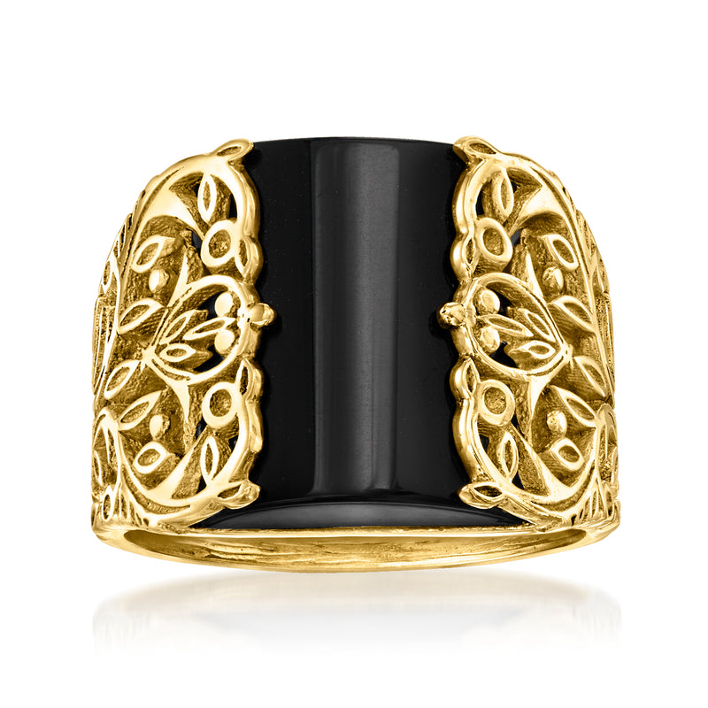 Gold-tone openwork ring with black onyx-look center panel