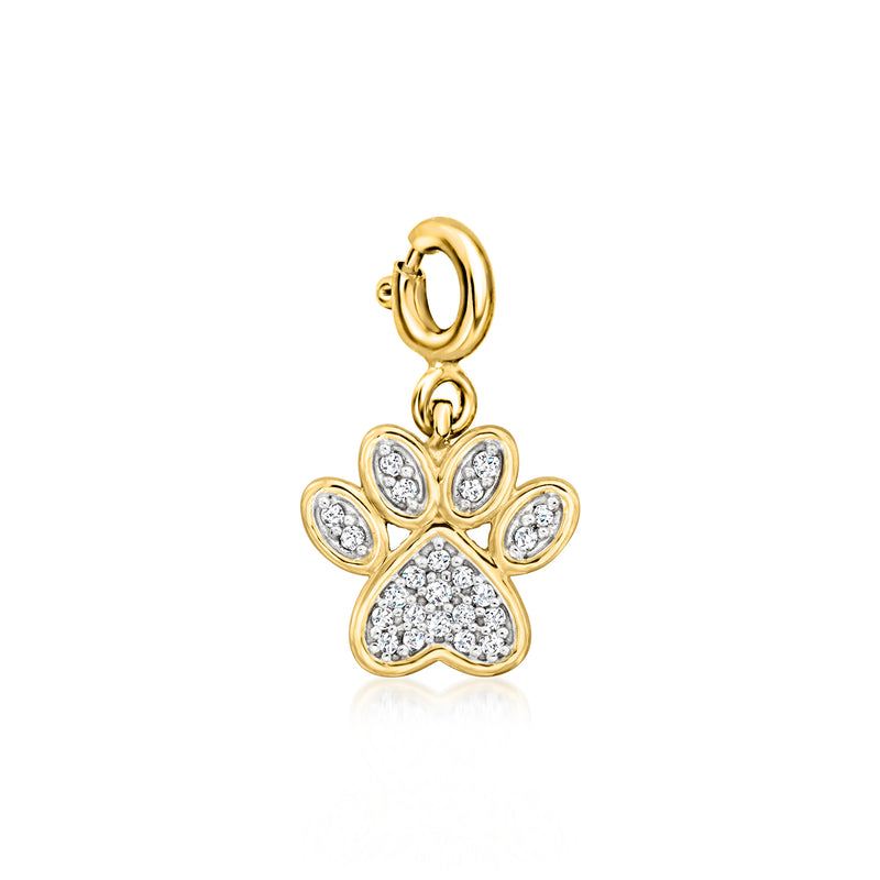 Gold paw print diamond charm with bail, 18kt gold over sterling