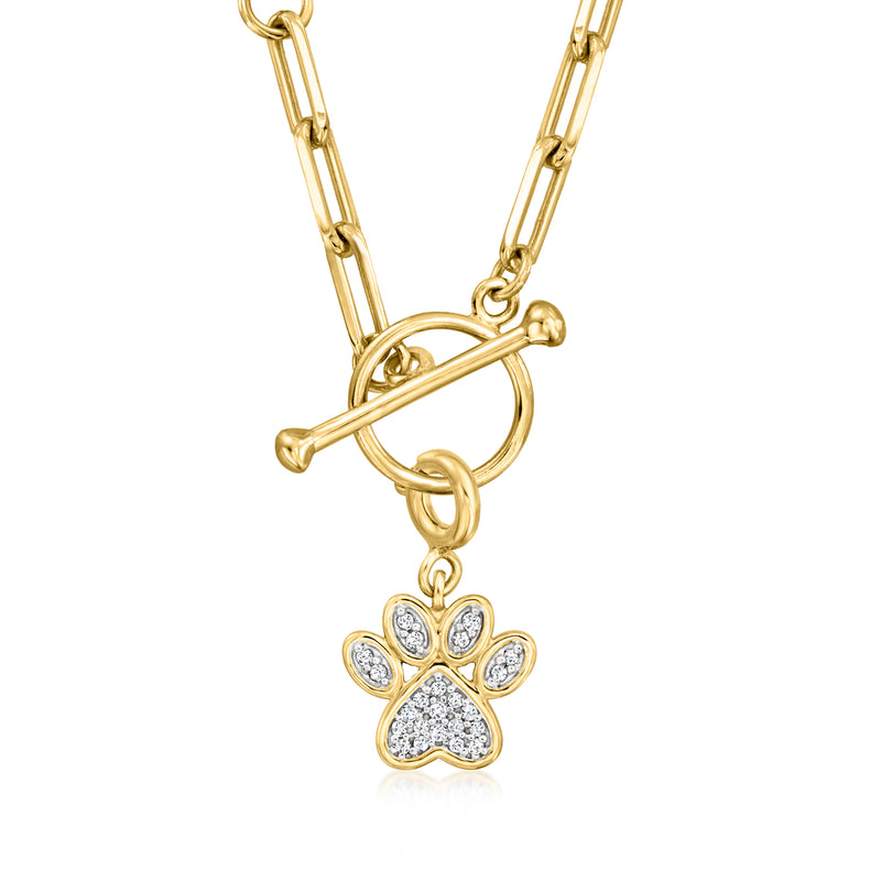 Paw print diamond charm pendant on gold chain with loop