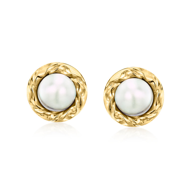 14kt yellow gold mabe pearl stud earrings with twisted rope bezel, round pearl