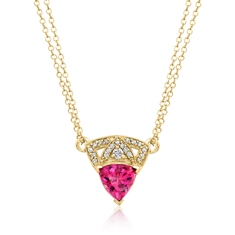 14k yellow gold necklace with pink tourmaline and diamond accents, triangular pendant