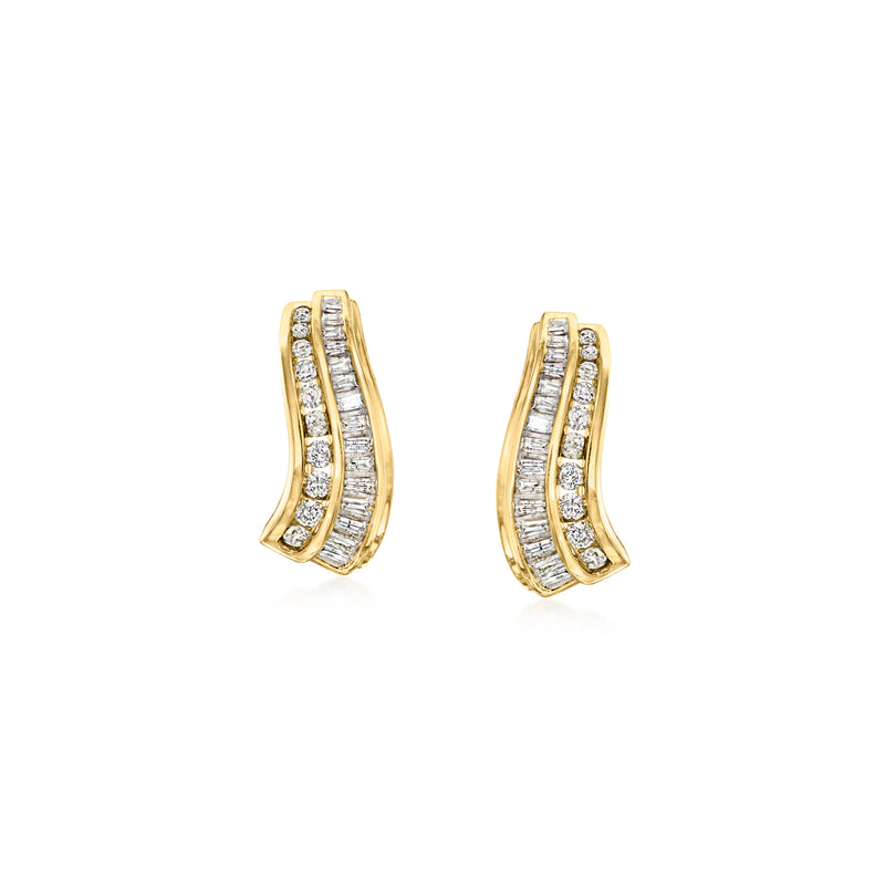 Curved diamond hoop earrings in 14kt yellow gold with three pave rows