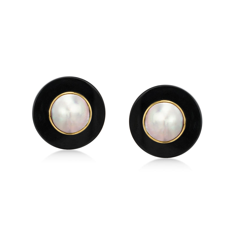 Pair of onyx stud earrings with round pearl center and 14kt yellow gold post backs