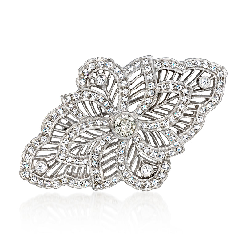 Diamond openwork butterfly pin with round center stones, set in white gold-toned metal