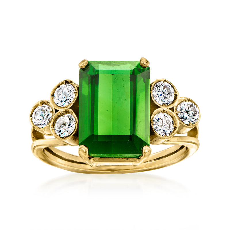 18k yellow gold ring with emerald-cut green tourmaline center and round diamond accents