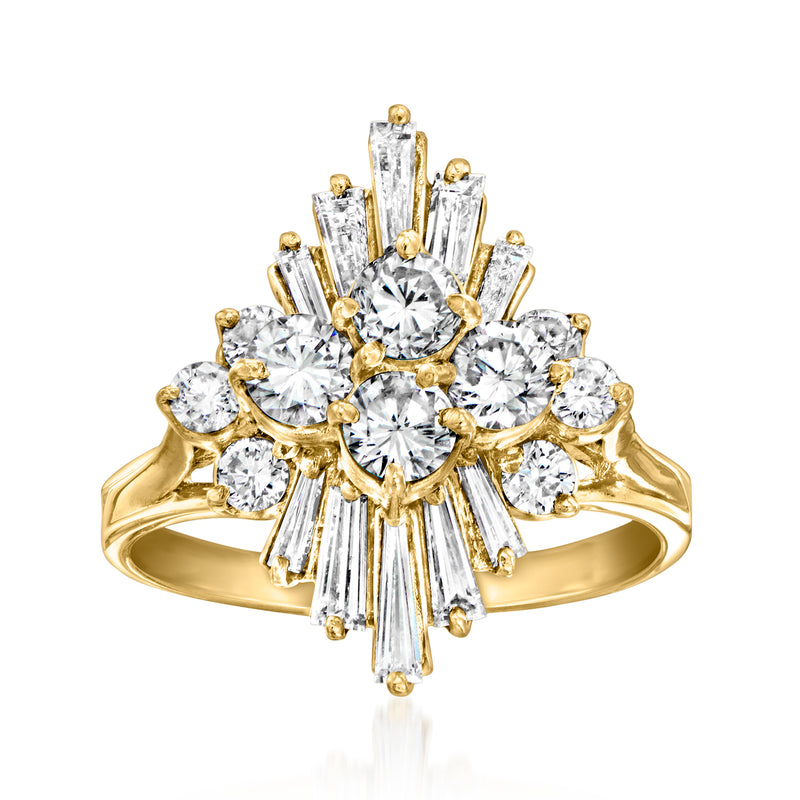 Vintage diamond cluster ring in 18kt yellow gold with round and baguette diamonds