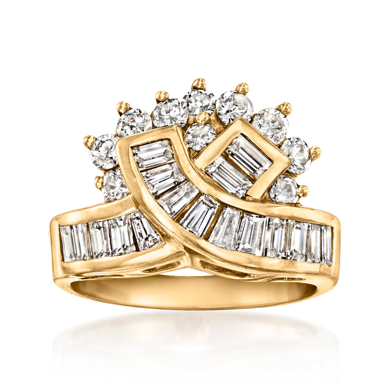 18kt yellow gold crisscross diamond ring with baguette and round stones