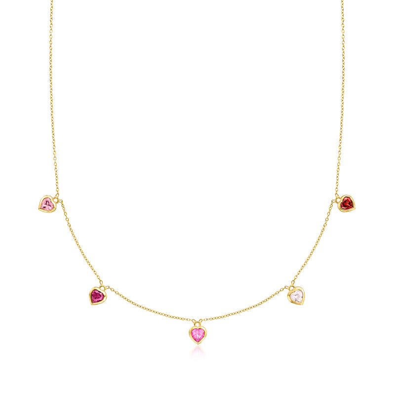 18kt gold over sterling heart station necklace with five multicolor gemstone hearts