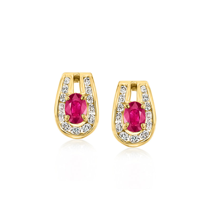 14kt yellow gold earrings with oval ruby center and surrounding diamond accents, post style