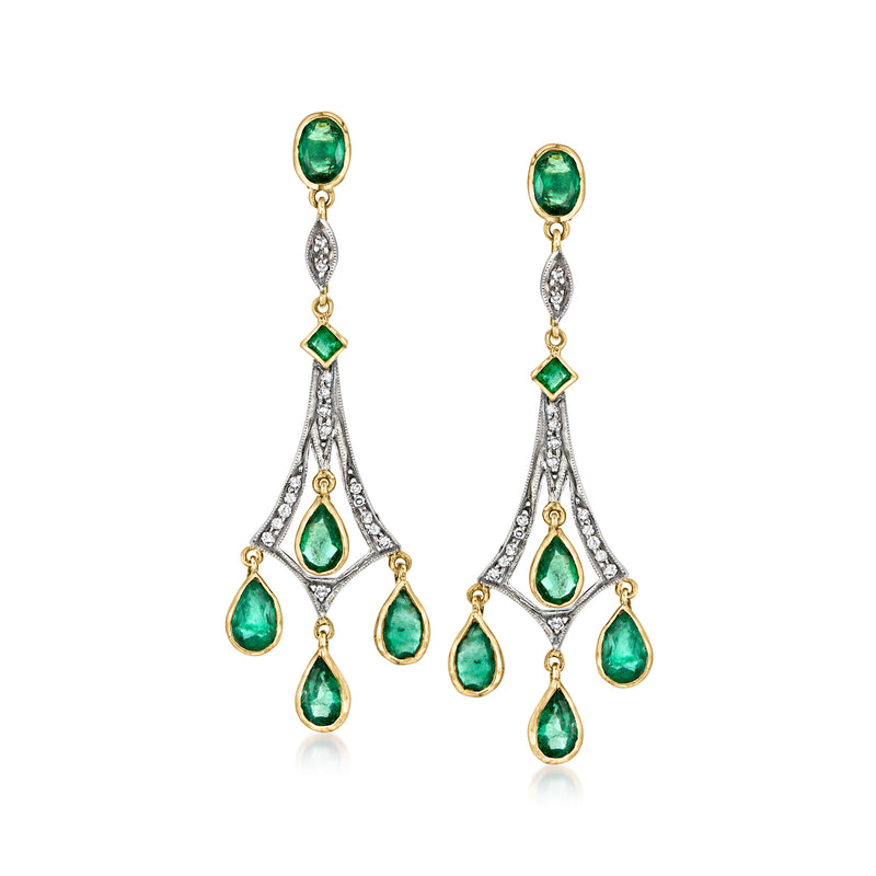 Emerald green chandelier earrings with teardrop stones and diamond accents, gold posts