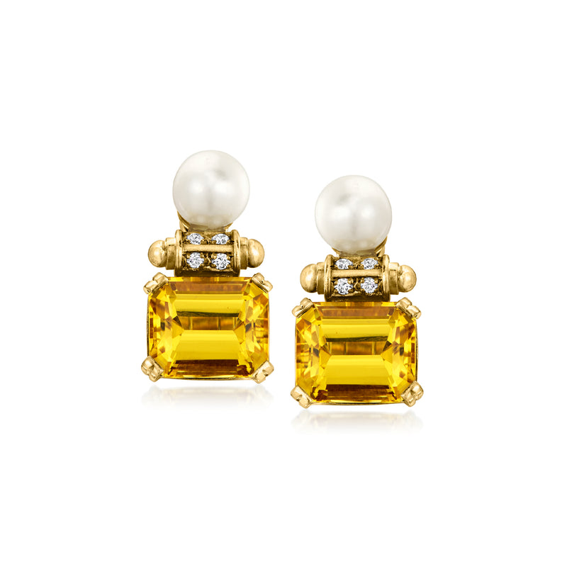 Cultured pearl and citrine earrings with diamond accents in yellow gold tone