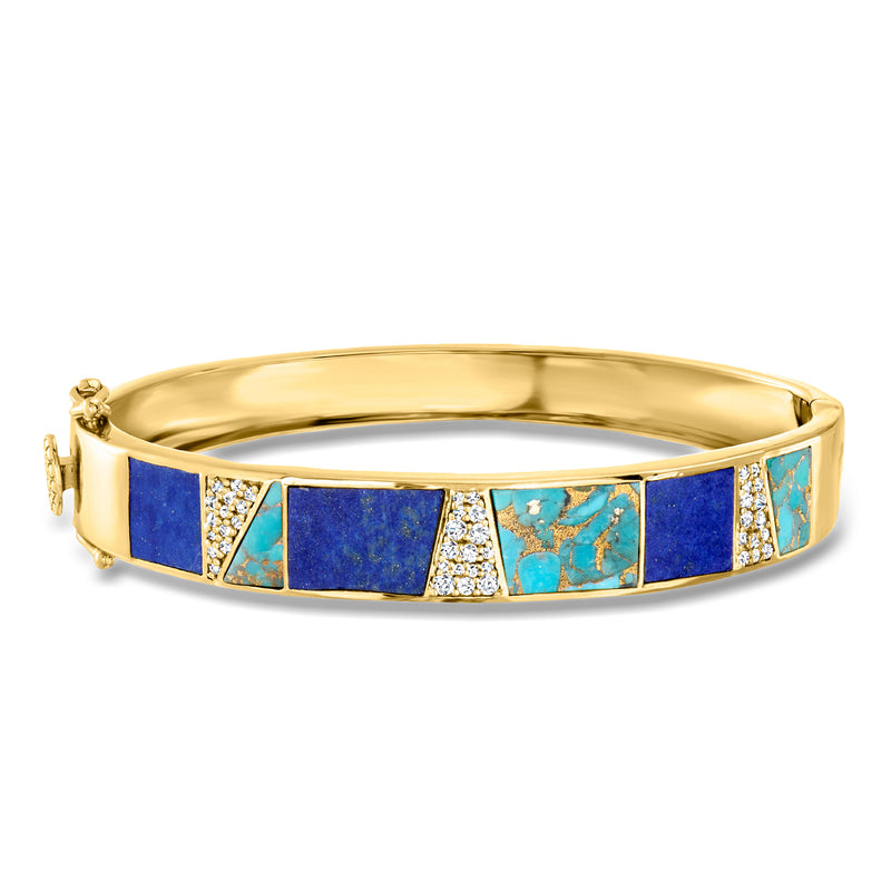 Gold-tone bracelet with blue and turquoise gemstone inlays and small white stones