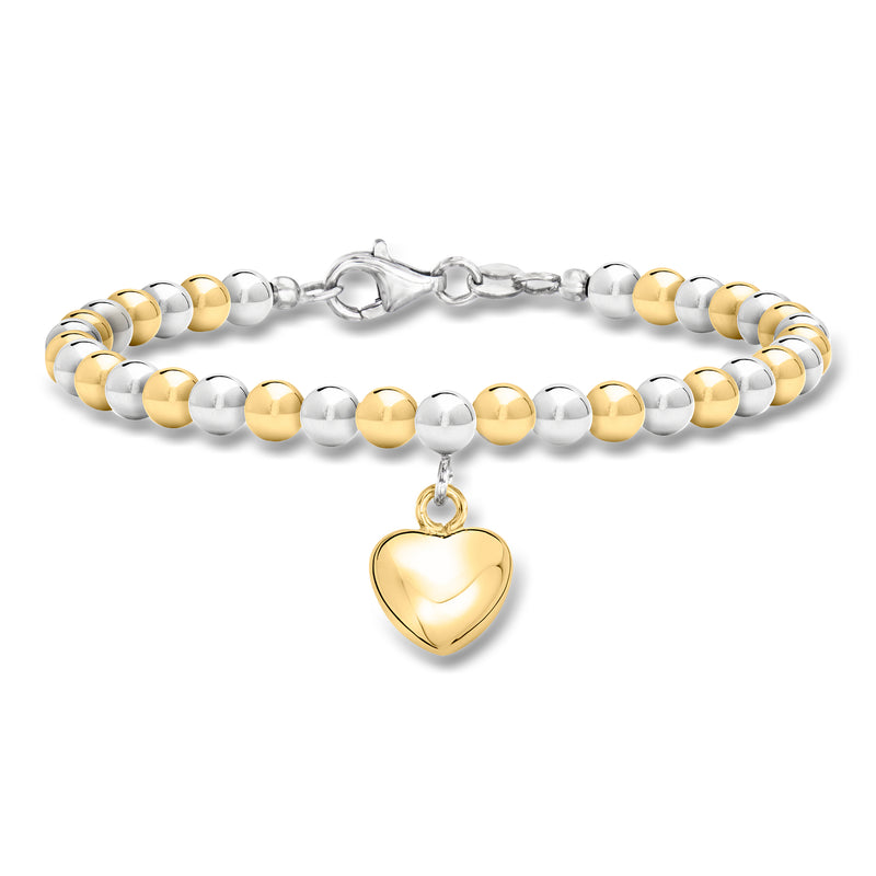 Heart bead bracelet in silver with gold accents and dangling heart charm