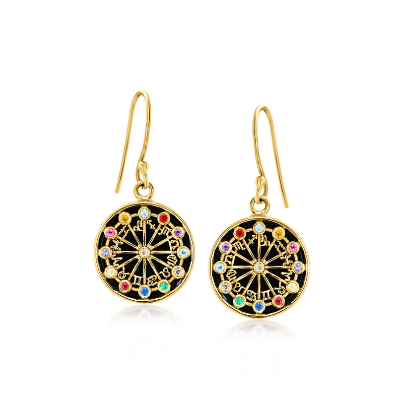 Gold zodiac symbol drop earrings with round multicolor gemstone details and earwire hooks