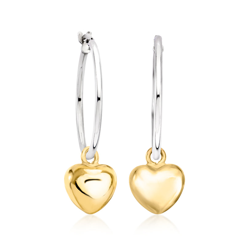 Sterling silver hoop earrings with removable 18kt gold heart drop charms