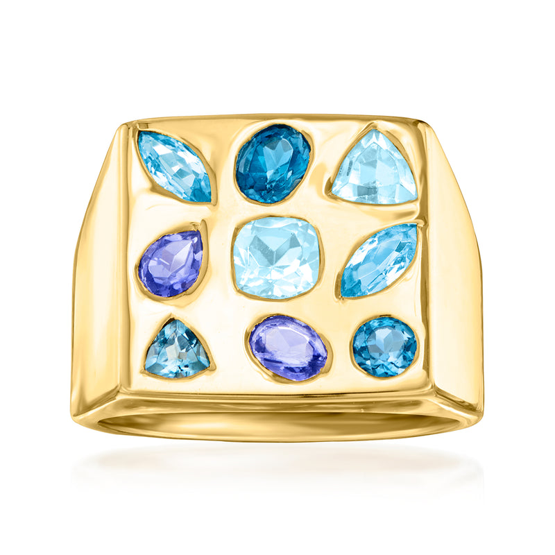 Gold square-top ring with blue and purple gemstone accents, geometric bezel setting