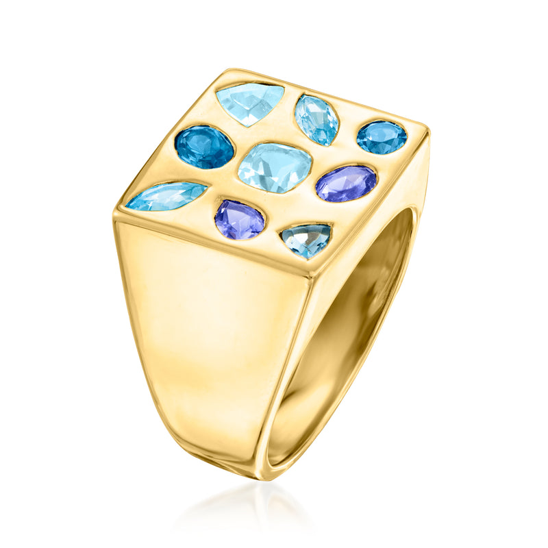 Gold square-top ring with blue and purple round gemstones in a geometric frame