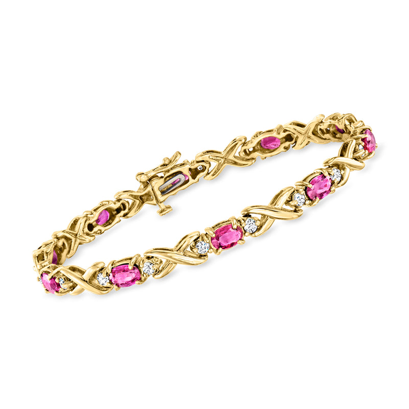 14kt yellow gold XO bracelet with oval pink rubies and sparkling white stones