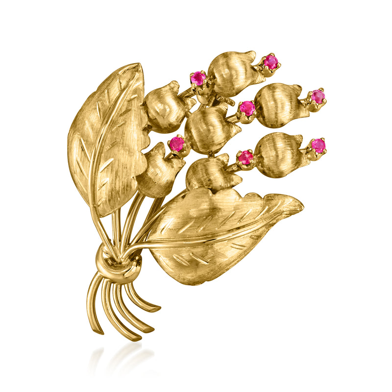 18kt yellow gold vintage flower bouquet pin with small ruby pink stones