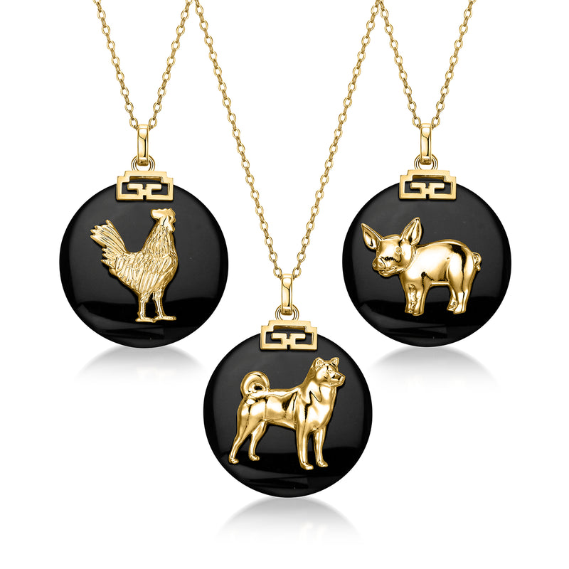 Black round agate pendant necklace with gold zodiac animal charms on chain