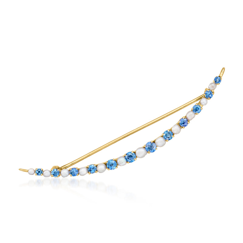 Vintage crescent pin in 14kt yellow gold with blue sapphires and cultured pearls