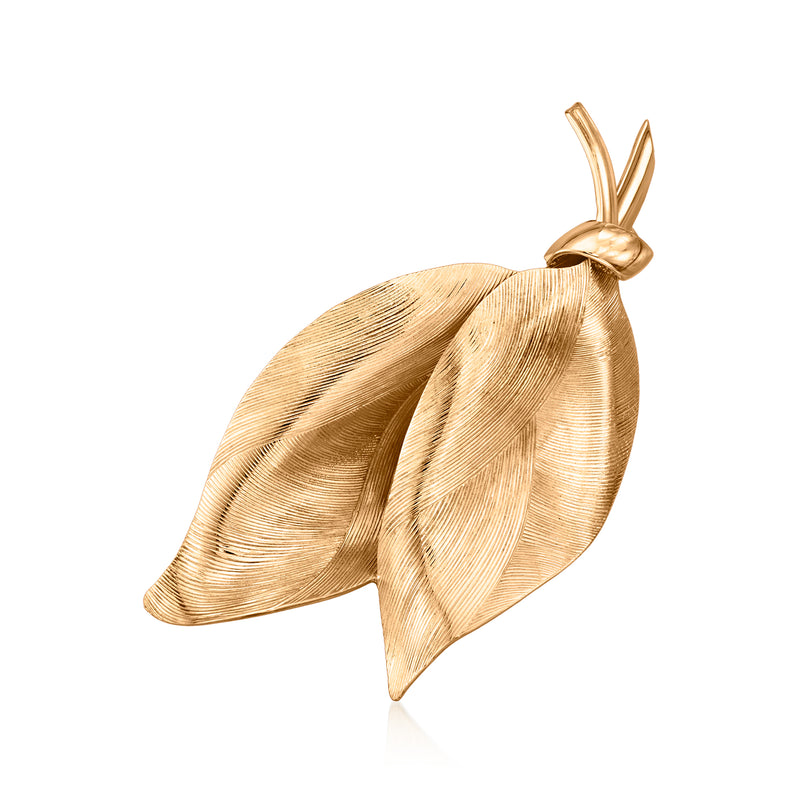 14kt yellow gold leaf pin with textured veins and hinged backing