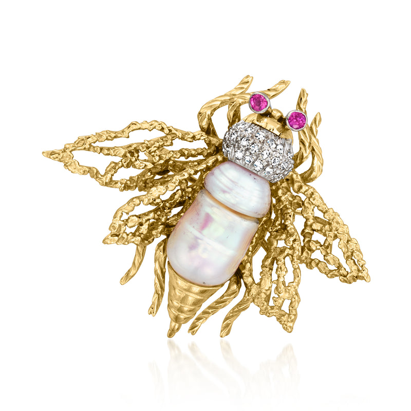 Gold bumblebee pin with baroque cultured pearl body, diamond wings and ruby eyes