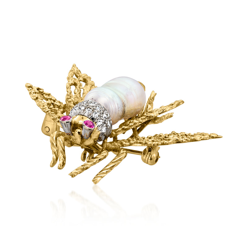 Gold bumblebee brooch pin with pearl body, diamond cluster center, and ruby accents