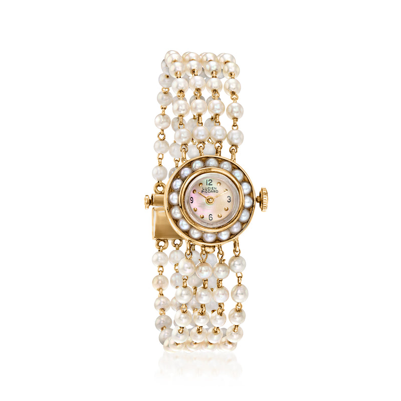 14kt yellow gold pearl watch with round dial and white pearl bracelet