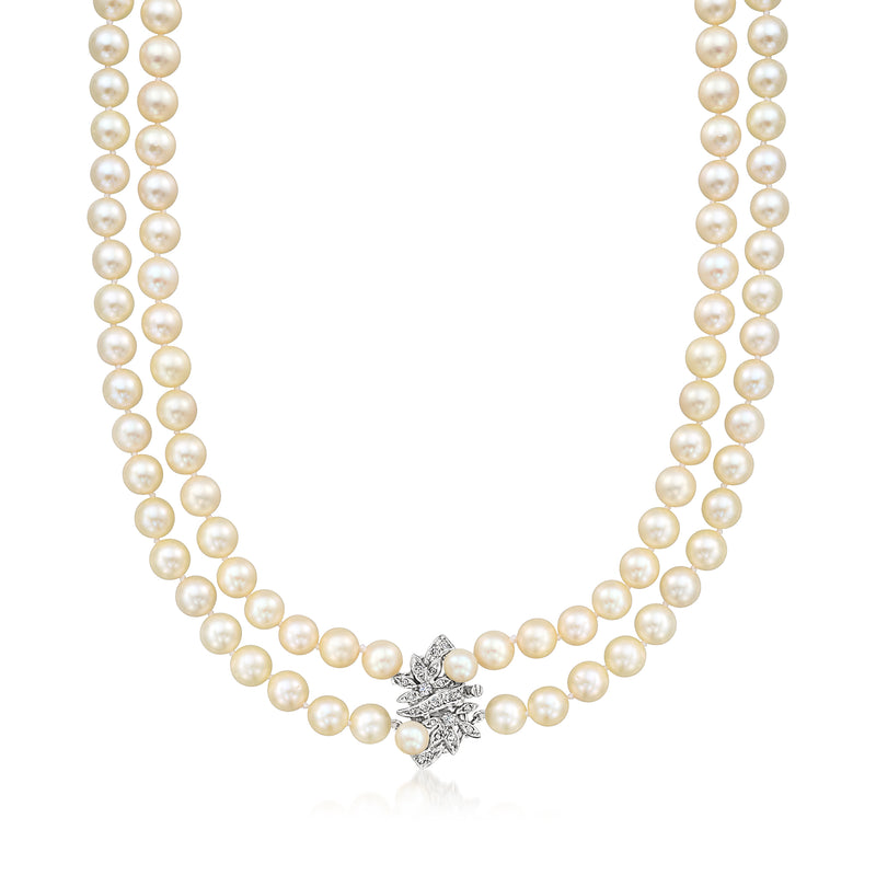 Vintage two-strand cultured pearl necklace with small diamond cluster in white gold