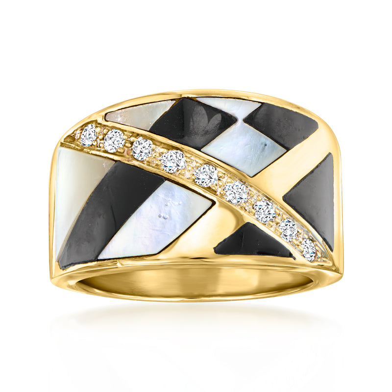 14kt yellow gold ring with mother-of-pearl, onyx, and diamond inlay